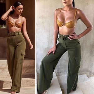 NWT HOUSE OF CB Laurel Khaki Green Pants Wide Leg Cargo Pockets High Waist